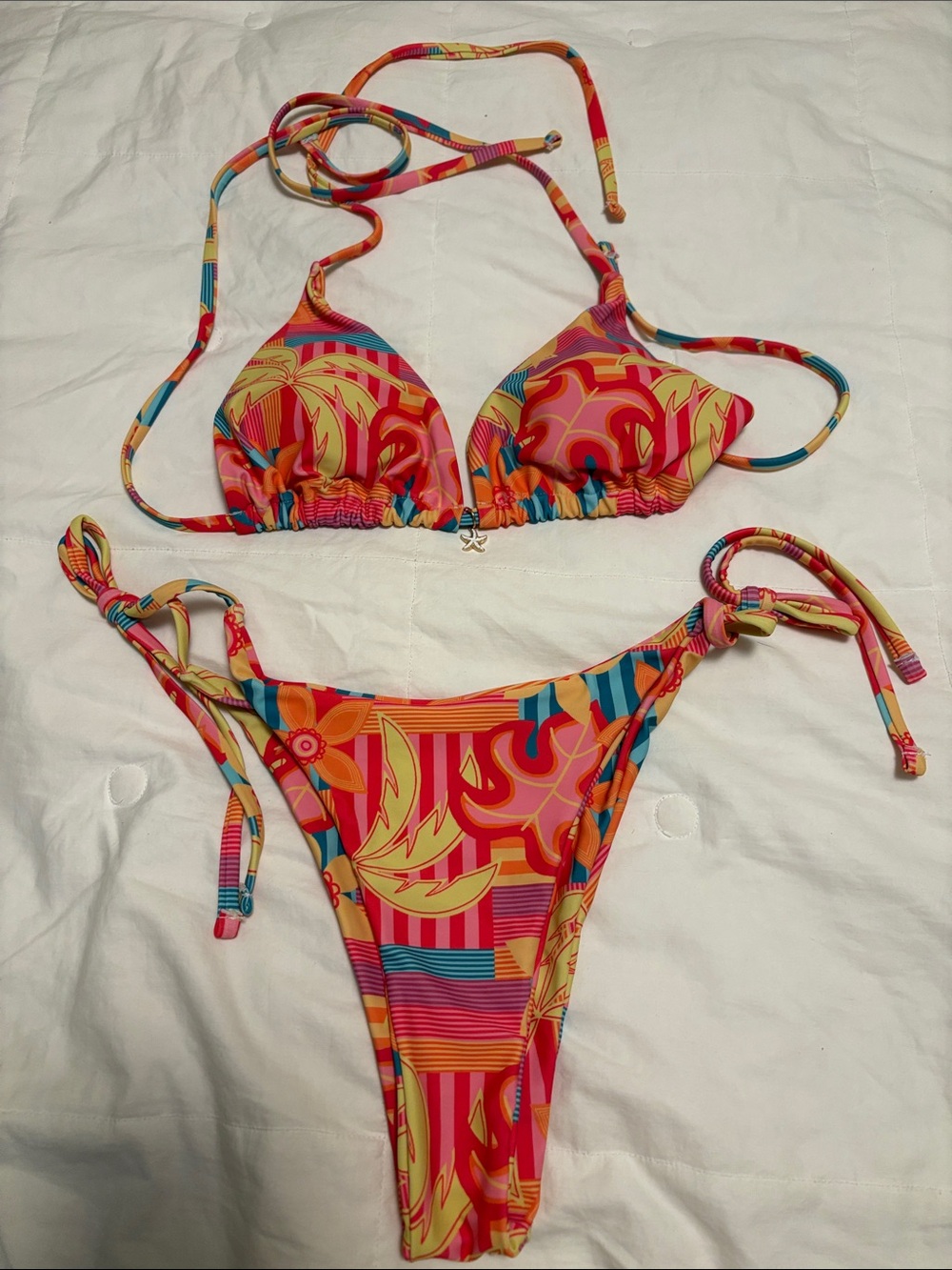Women's Tropical Print Tie Bikini - Red & Yellow